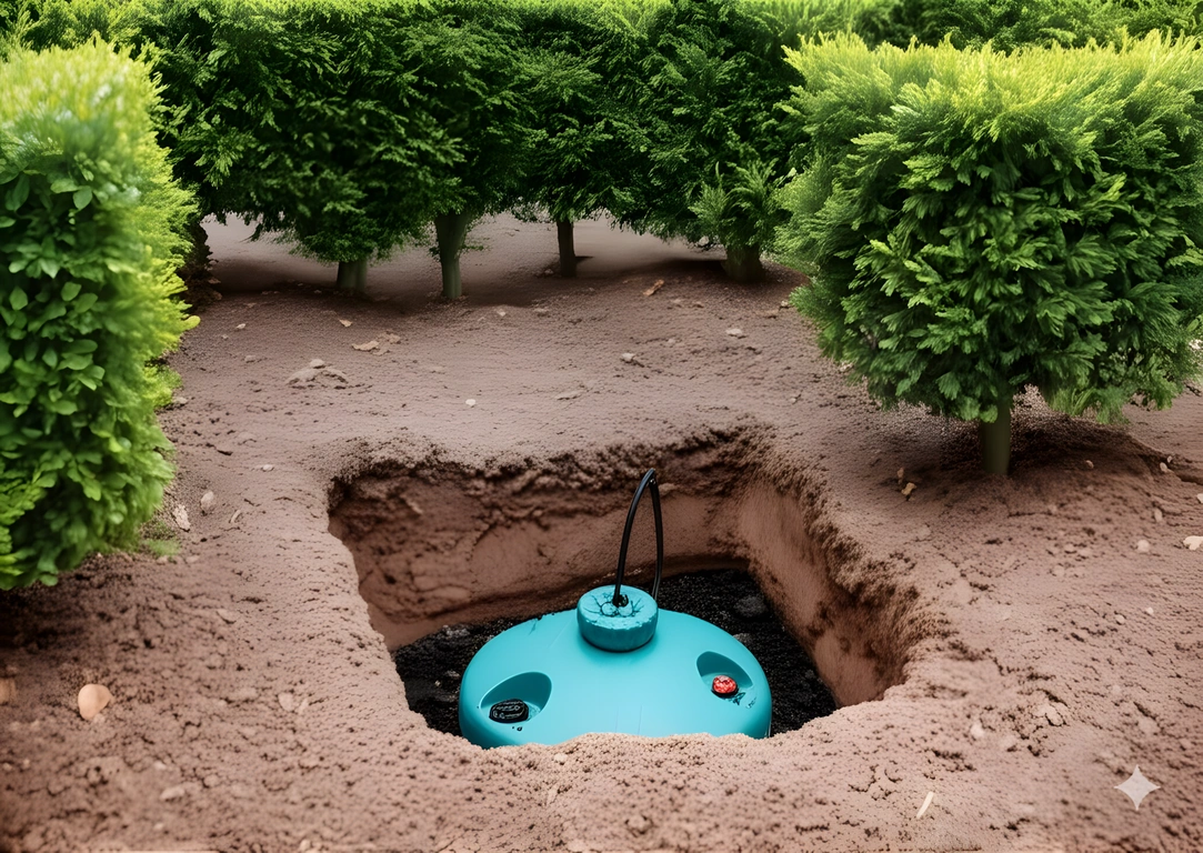 Station de relevage enterrée dans un jardin près de la maison