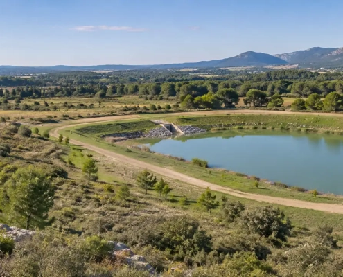 Vue panoramique d’un bassin de rétention entouré de berges végétalisées.